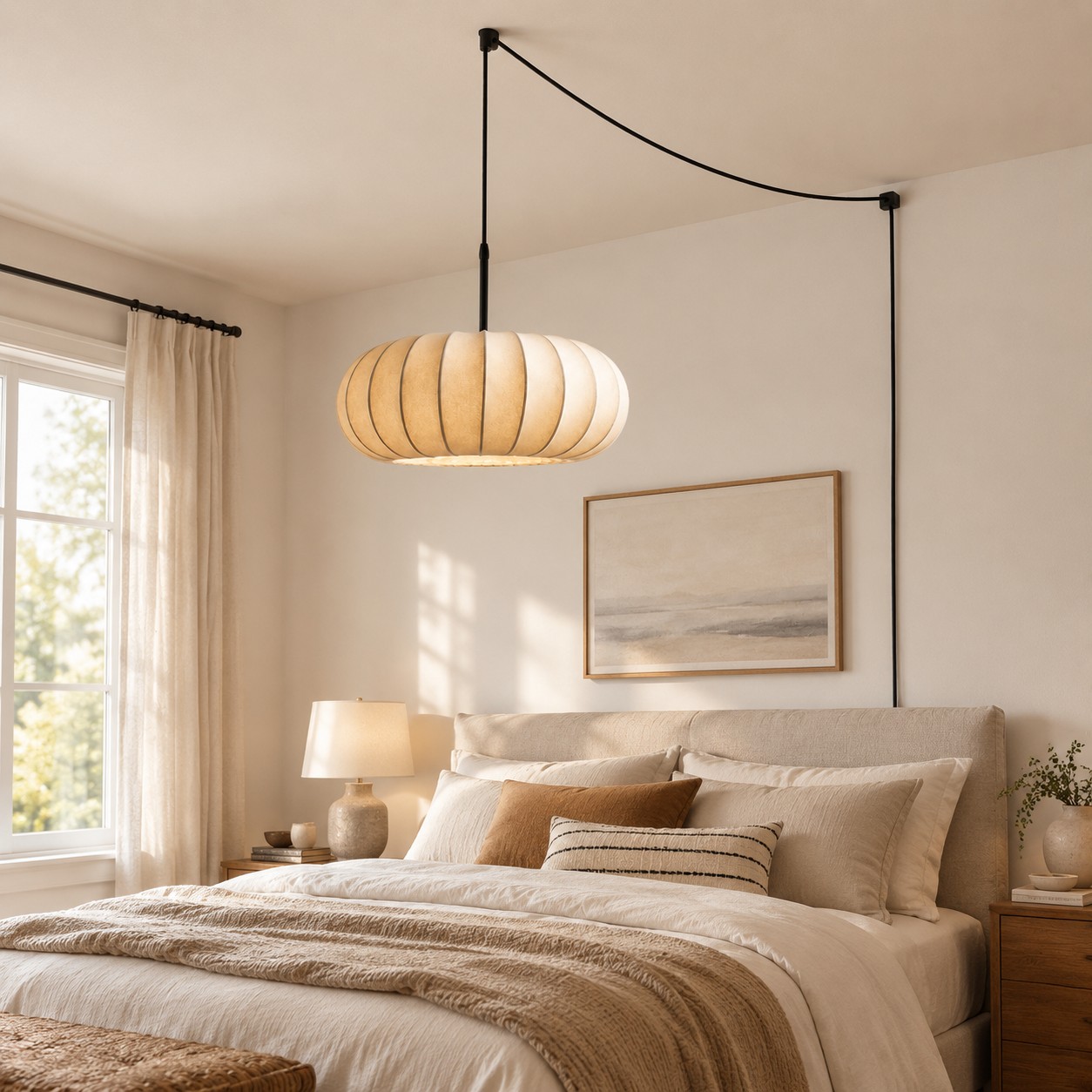 Plug-in pendant light creating a soft glow beside a bed
