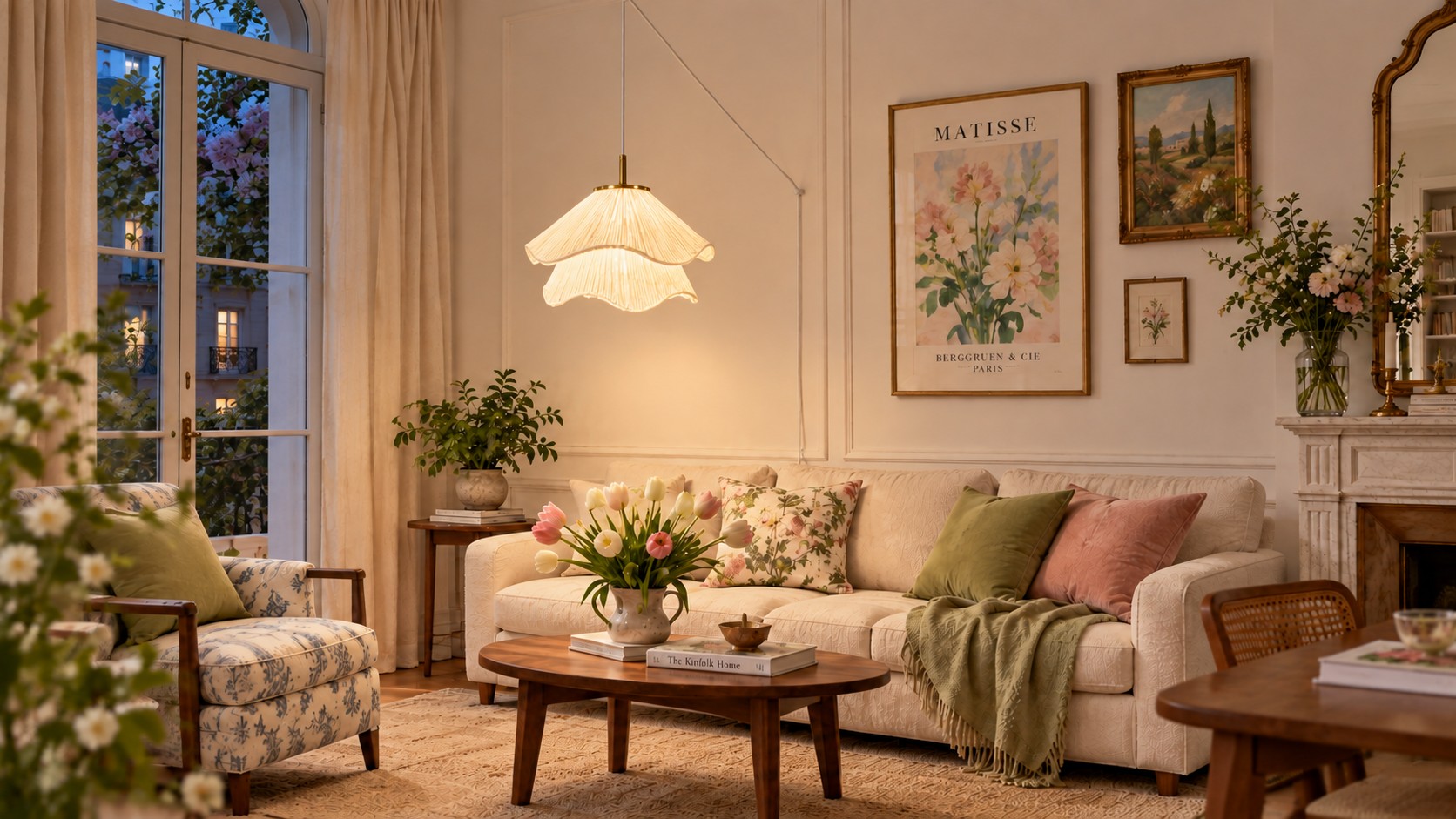 Lámpara colgante Ethereal Bloom encendida sobre una mesa de centro