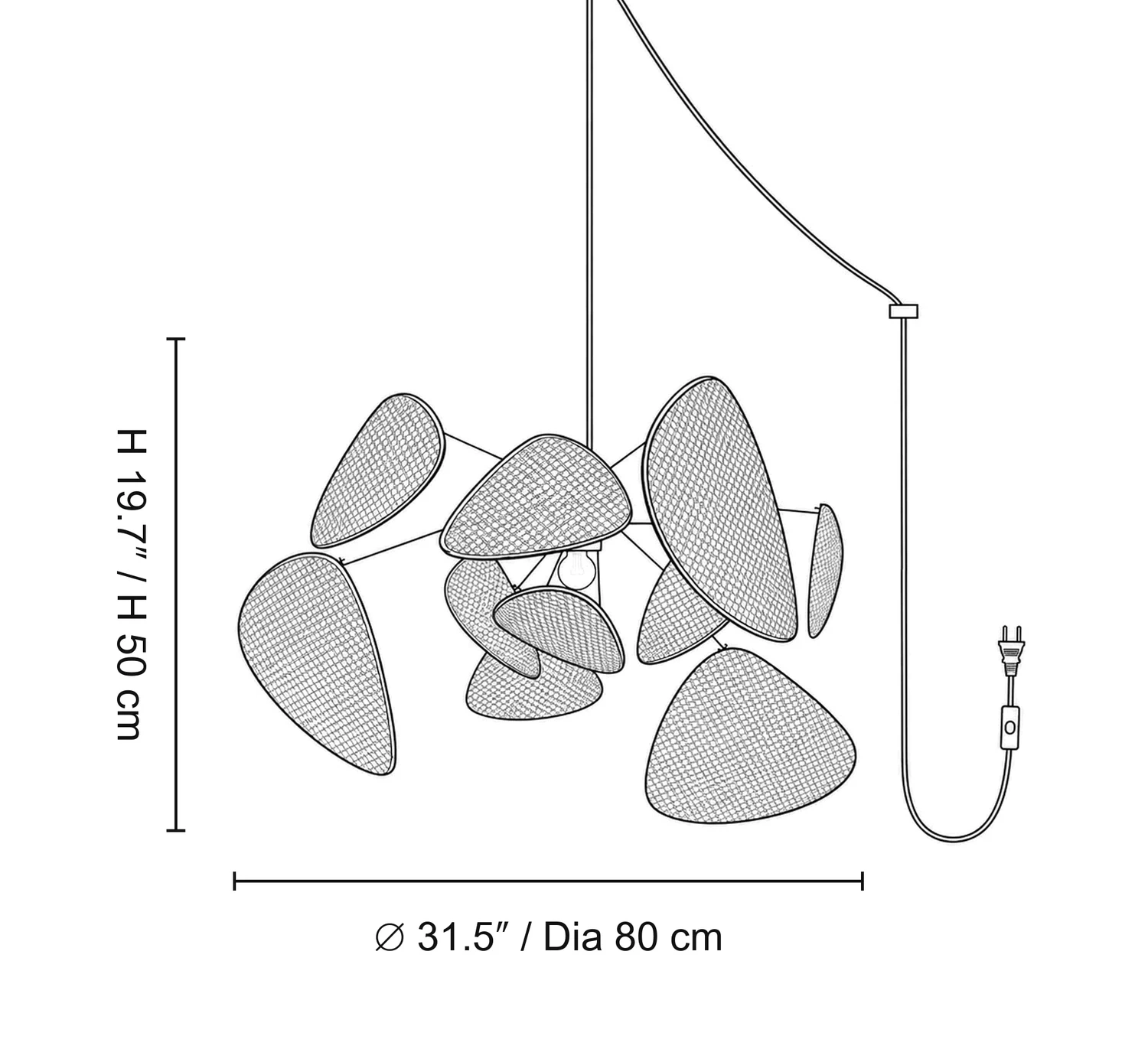 Diagram storlek B: diameter 31,5 tum vid höjd 19,7 tum, eller diameter 80 centimeter vid höjd 50 centimeter