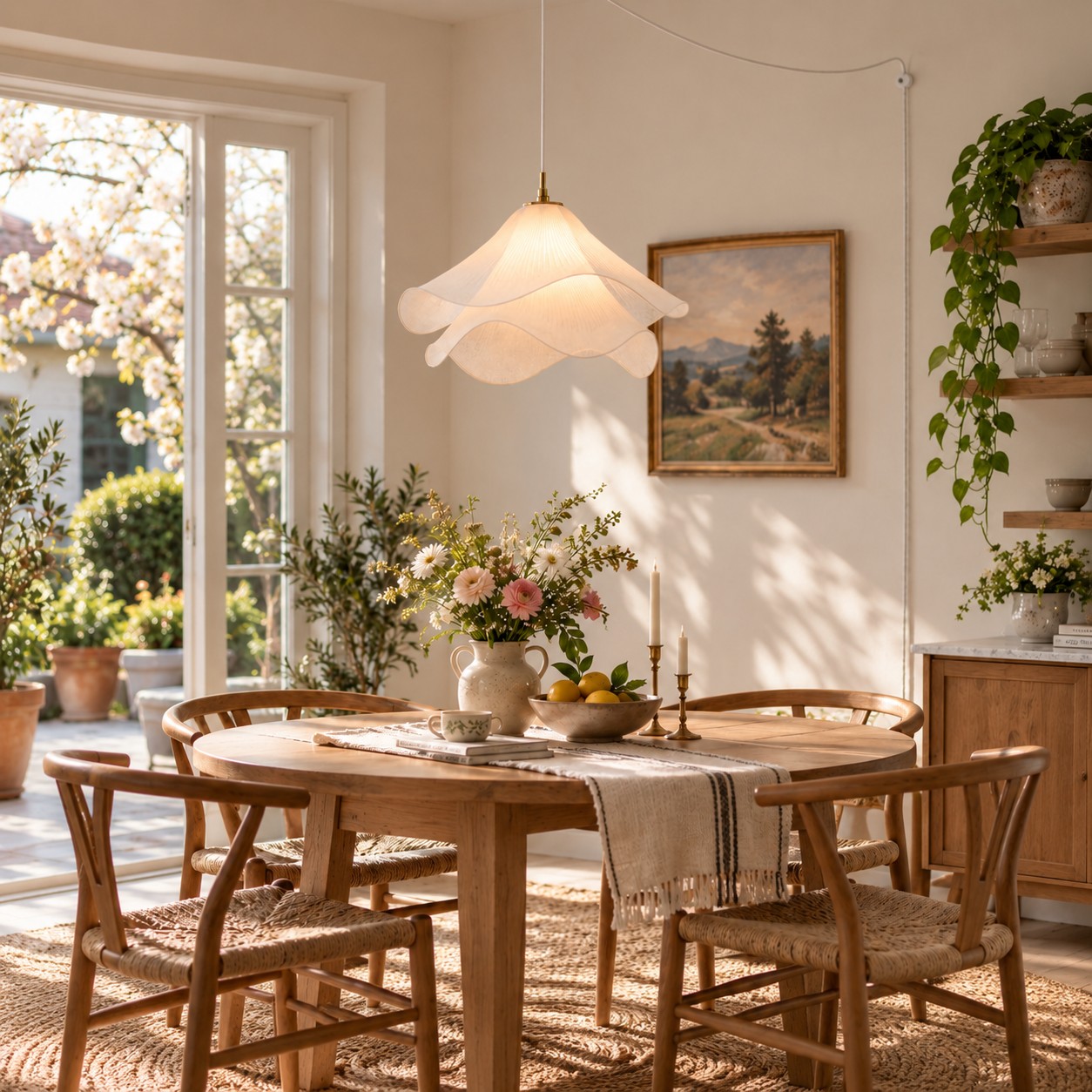 Lámpara Ethereal Bloom sobre una mesa de comedor