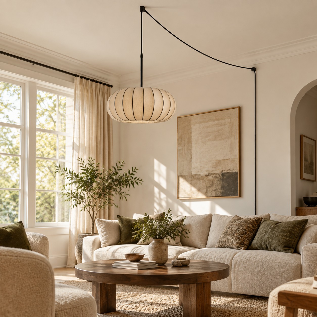 Plug-in pendant light glowing warmly at night