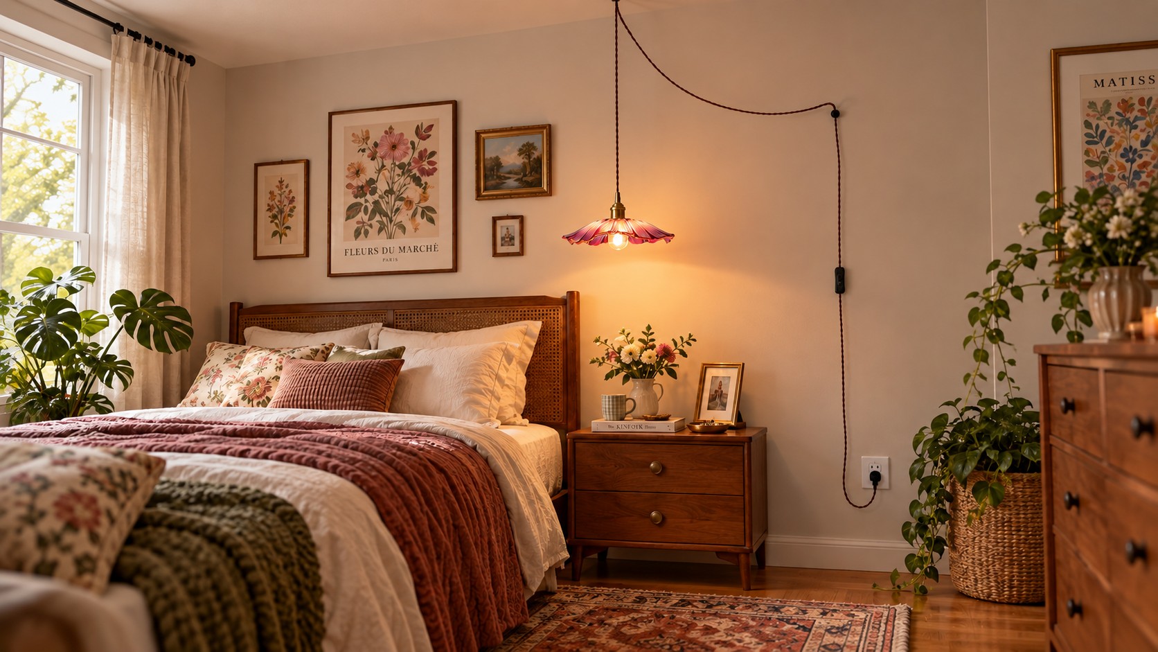 Petal Glass plug-in pendant hanging with fabric cord to the wall