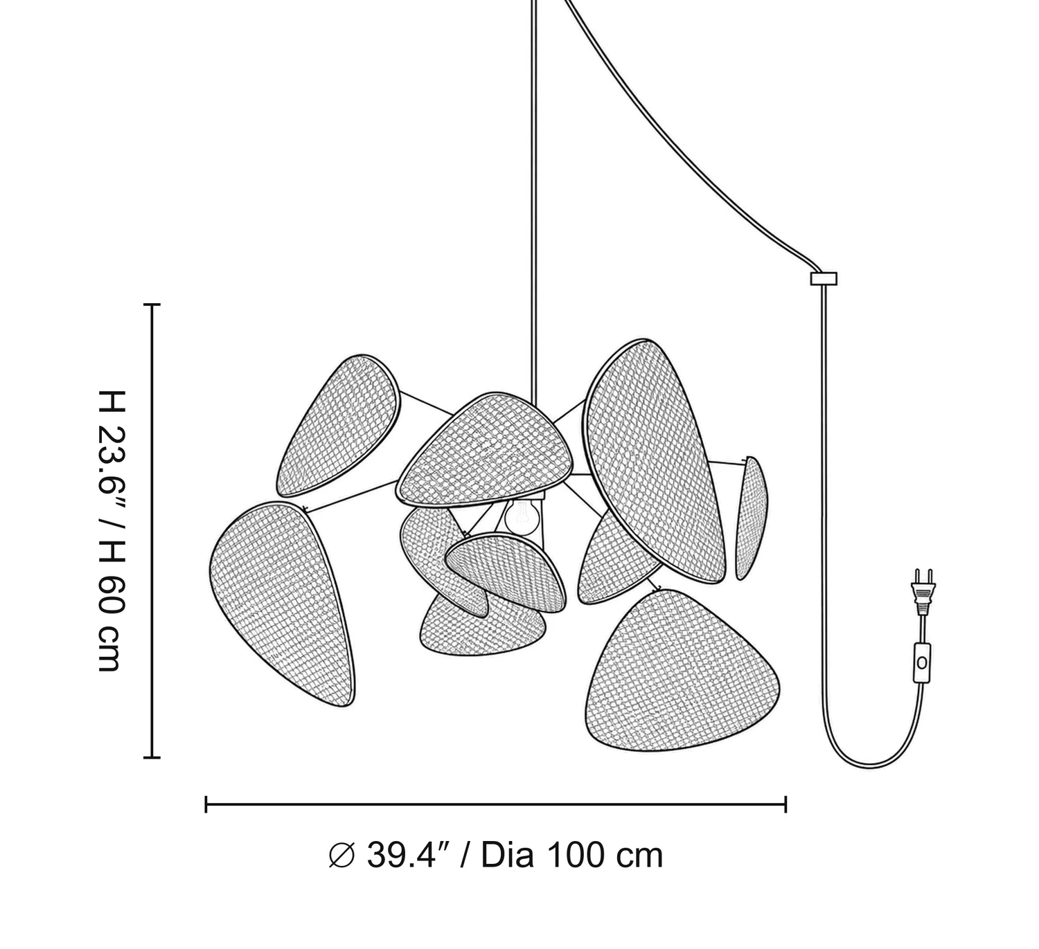 Diagram storlek C: diameter 39,4 tum vid höjd 23,6 tum, eller diameter 100 centimeter vid höjd 60 centimeter