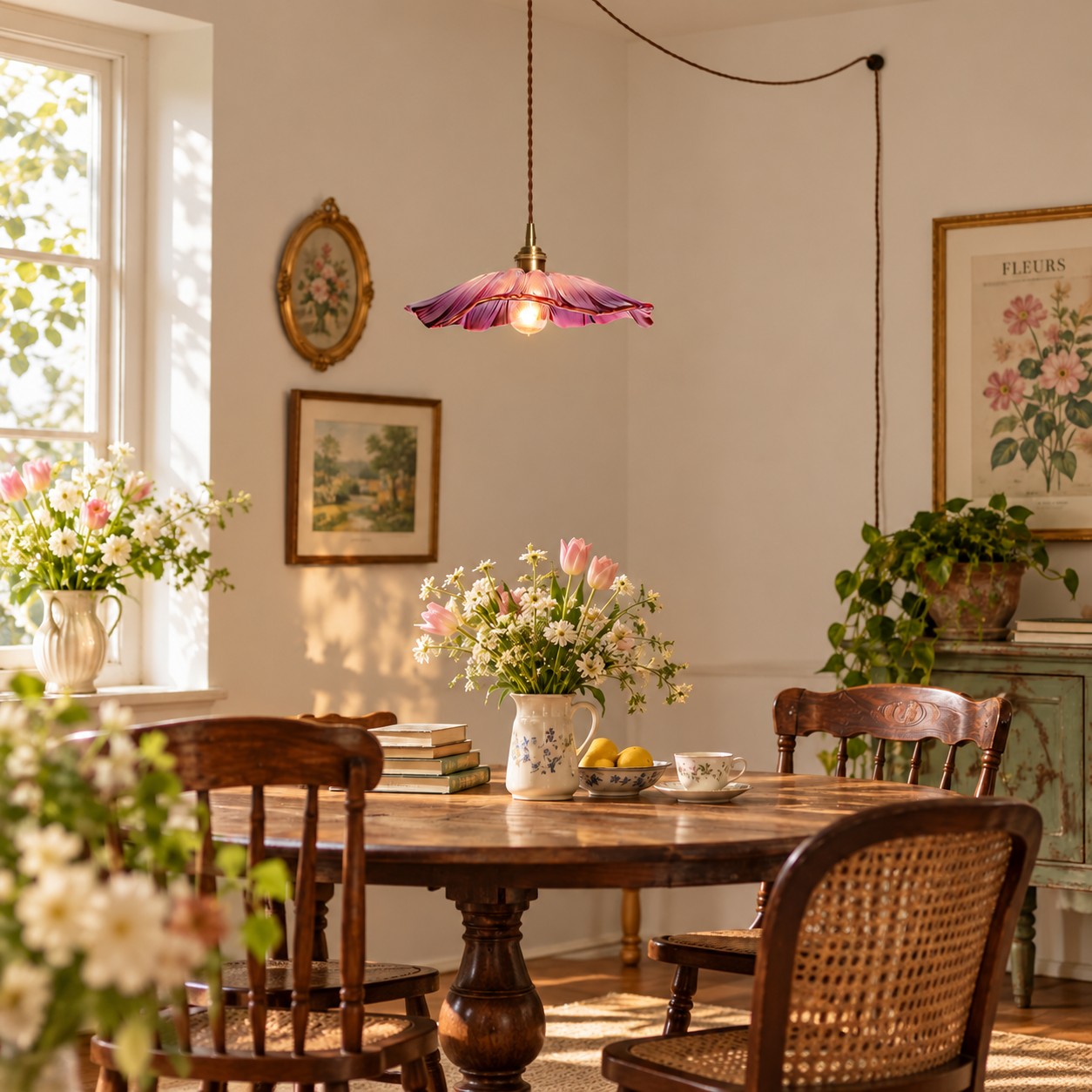 Petal Glass pendant over a round dining table
