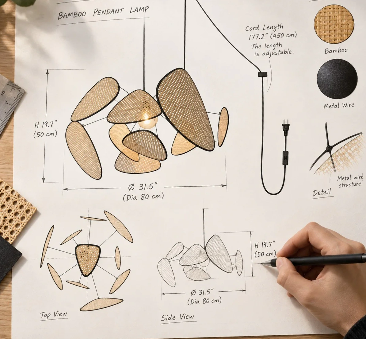 Produktdesigntavla som visar bambu, metallstruktur, justerbar sladd och ljuskronavyer