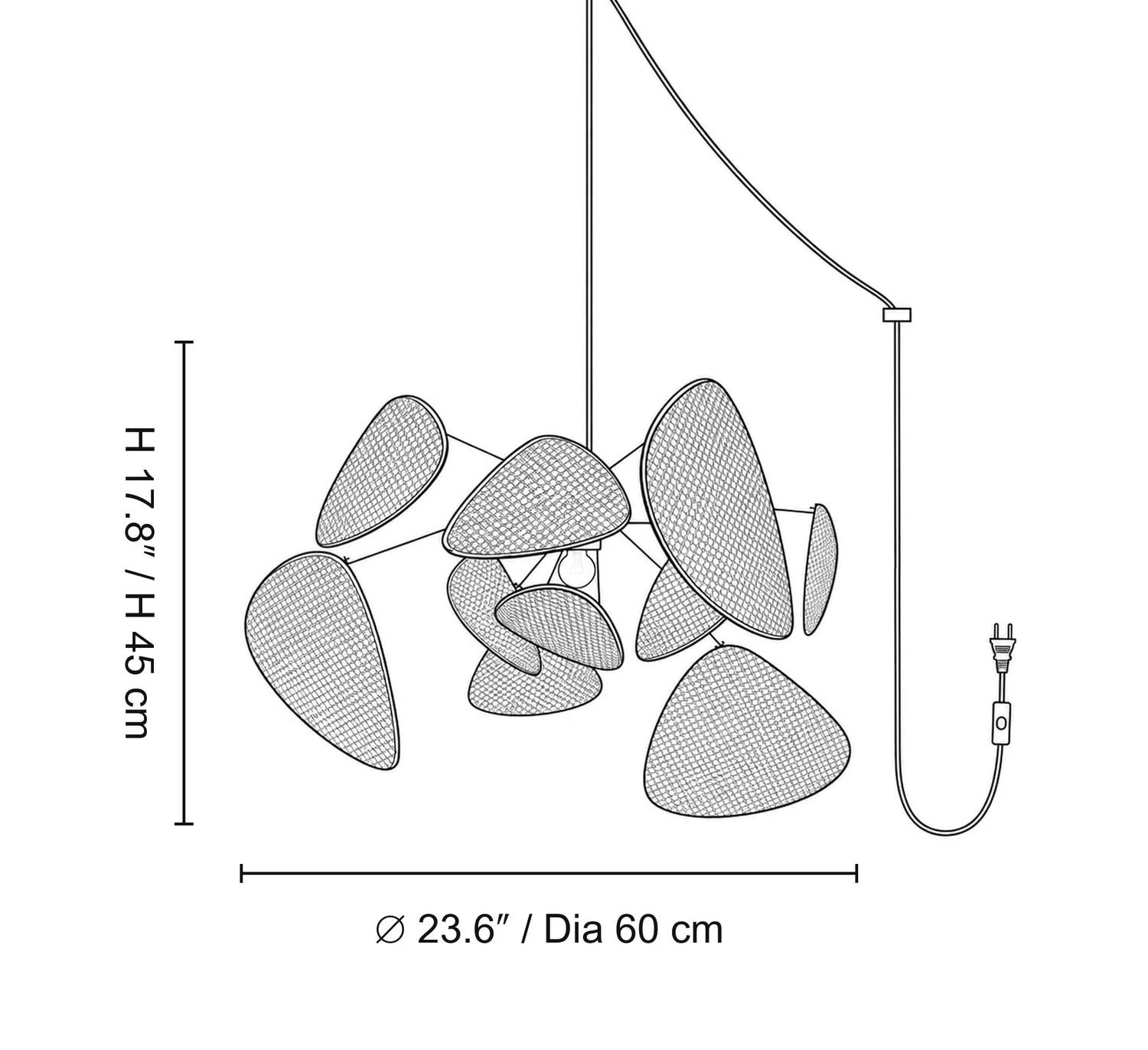 Diagram storlek A: diameter 23,6 tum vid höjd 17,8 tum, eller diameter 60 centimeter vid höjd 45 centimeter