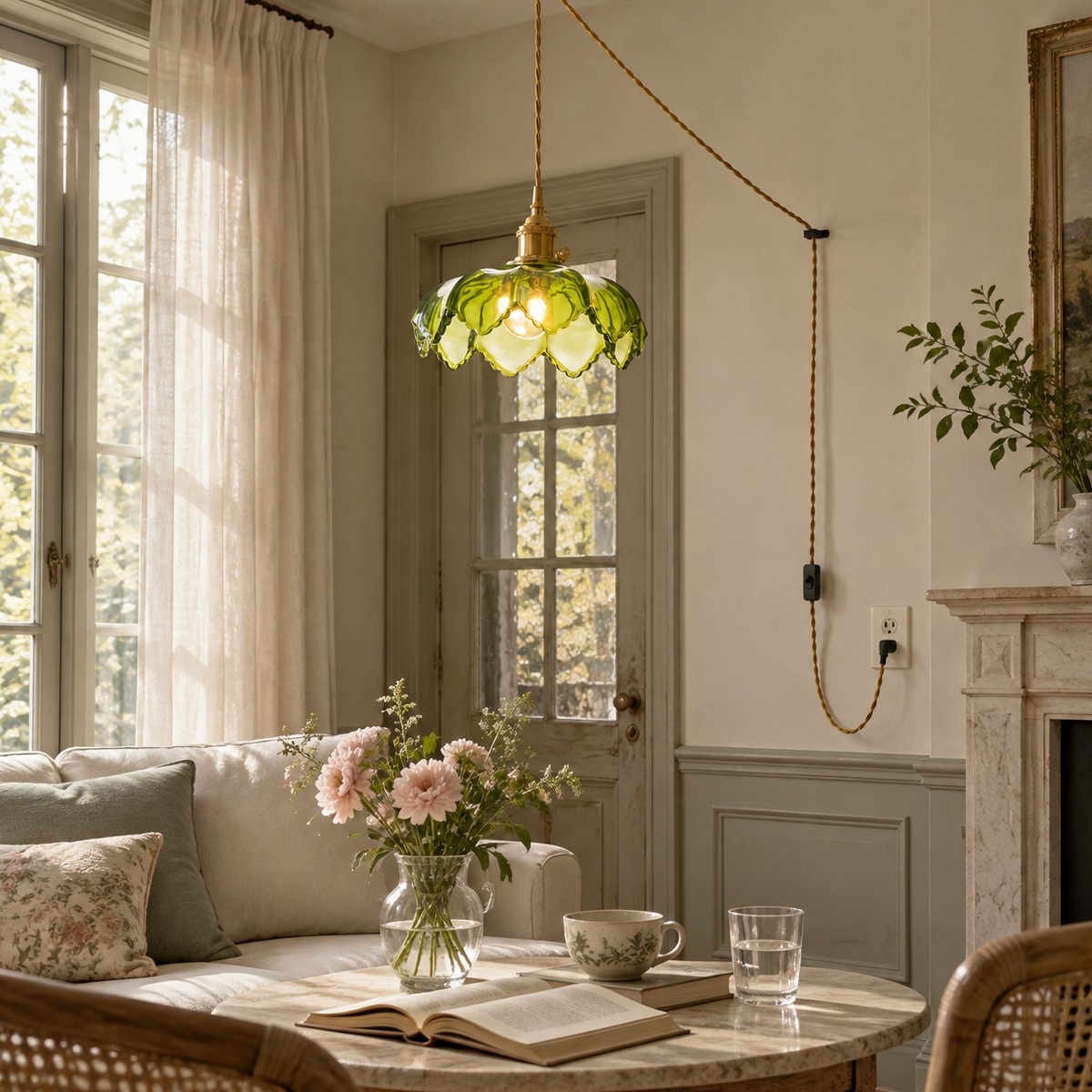 Green flower glass pendant in a bright living corner