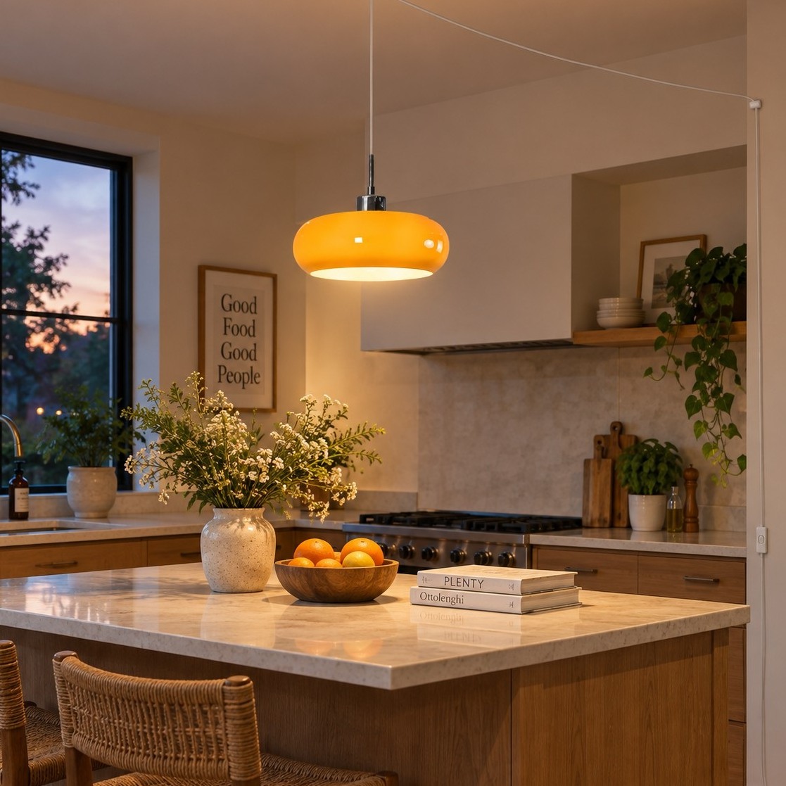 Orange Potivus pendant above a kitchen island
