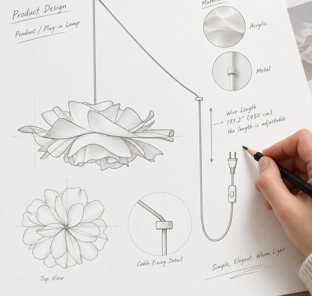 Disegno del progetto che mostra petali in acrilico, struttura metallica e cordino regolabile.