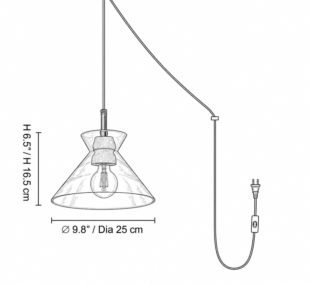 Maßdiagramm Ausführung B: ∅ 9,8″ × H 6,5″ / D25 cm × H 16,5 cm