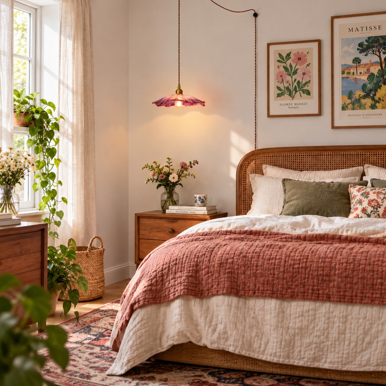 Petal Glass pendant above a bedroom nightstand