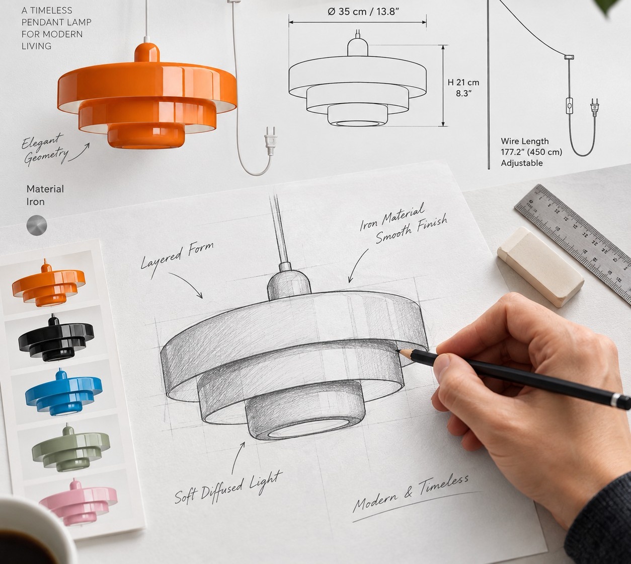 Croquis et références des matériaux pour une suspension orange à plusieurs niveaux.