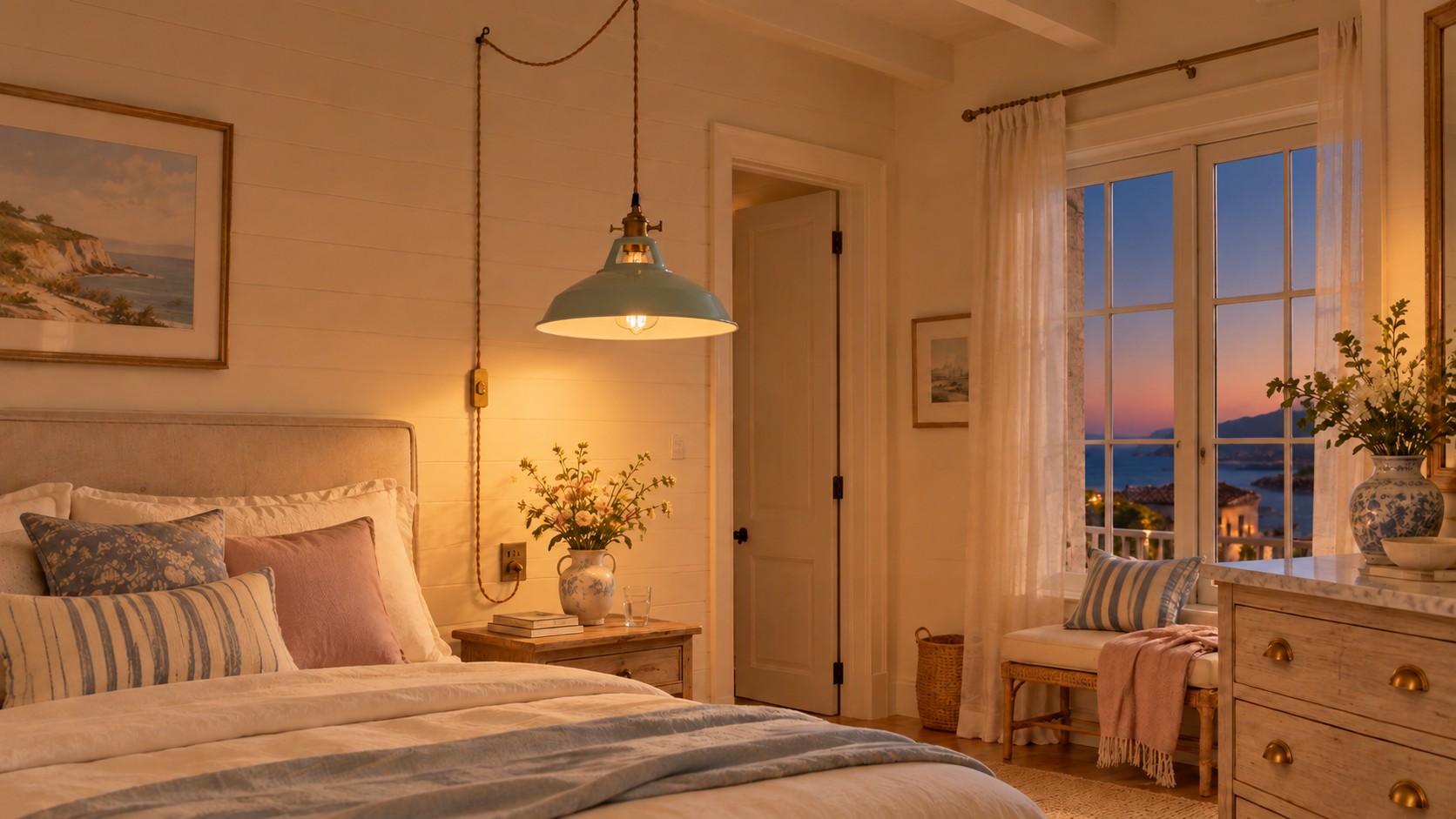 Metal plug-in pendant light glowing at night
