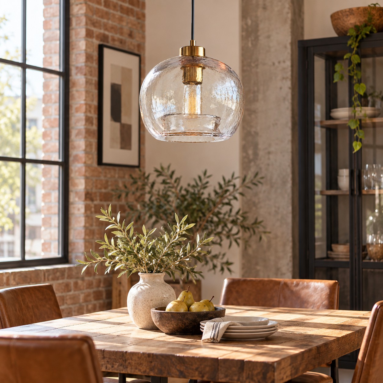 Lámpara colgante de cristal transparente texturizado con detalles en tono dorado sobre una mesa de comedor de madera.