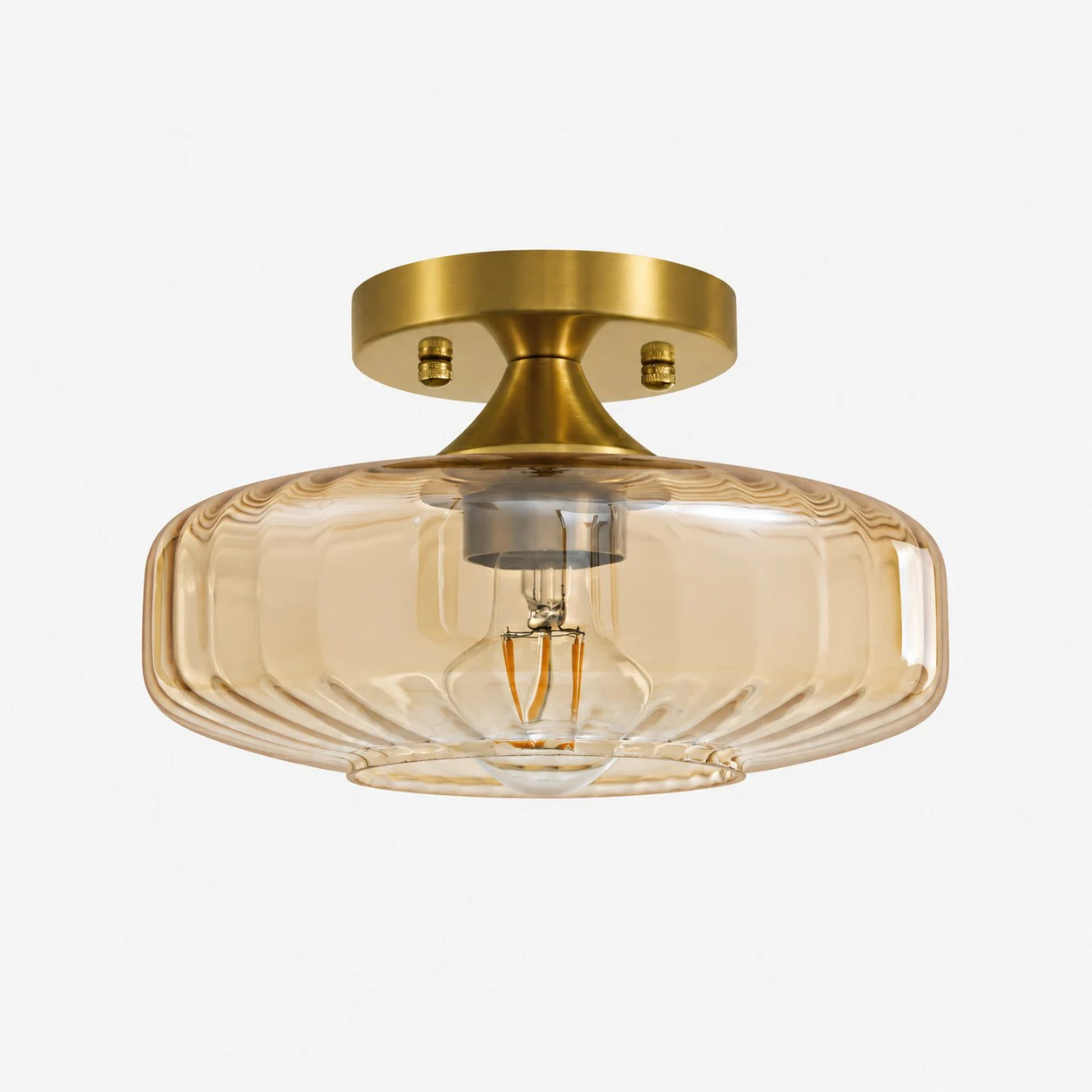 Bärnsten ribbed glass semi-flush ceiling light with brushed brass canopy