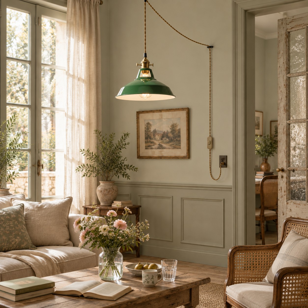 Bedroom with a metal plug-in pendant
