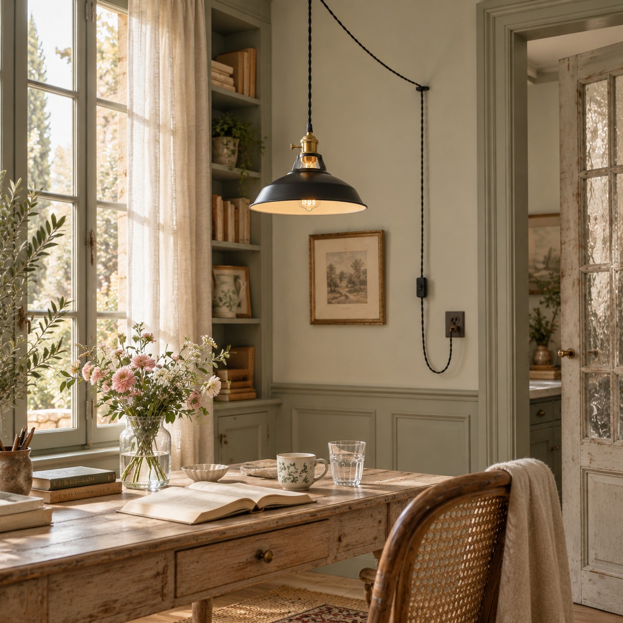 Dining room with a metal plug-in pendant