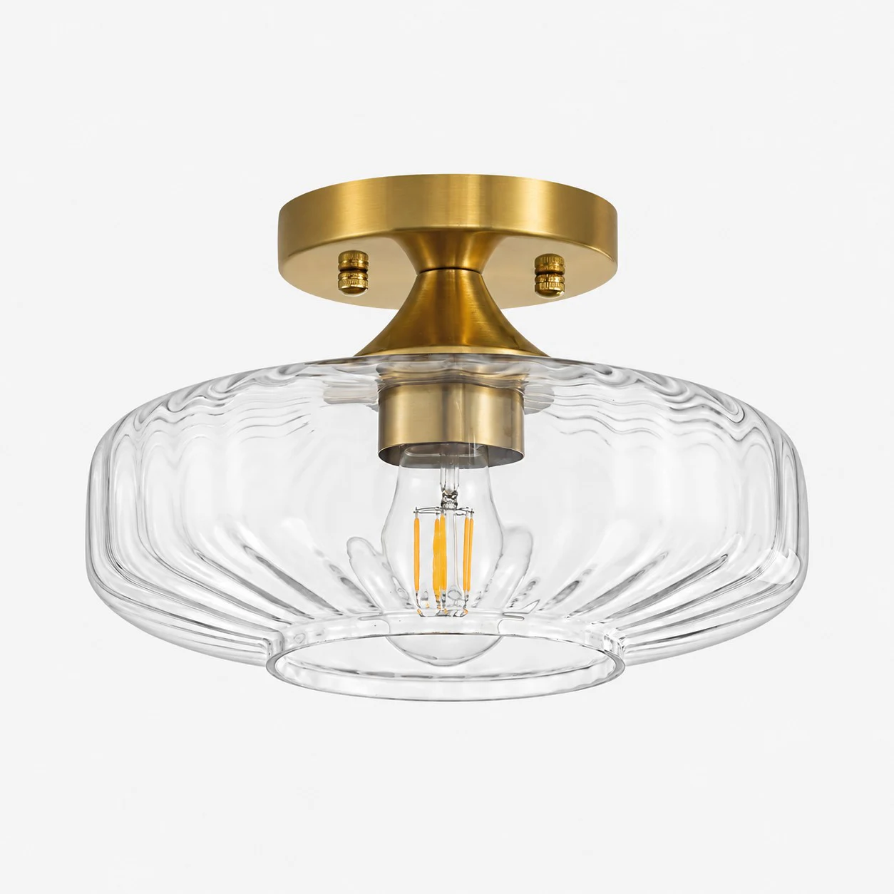 Klar ribbed glass semi-flush ceiling light with brushed brass canopy