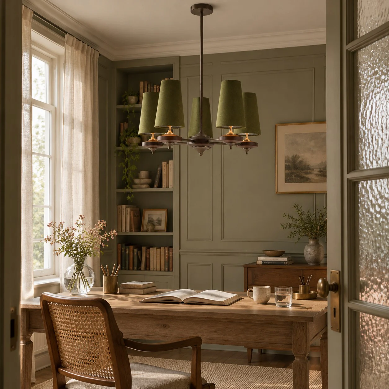 Olive green Hour Rho chandelier in a warm interior