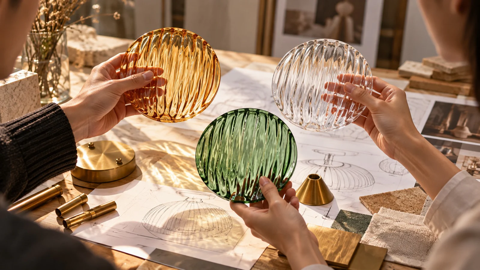 Klar amber and green ribbed glass samples with brushed brass components