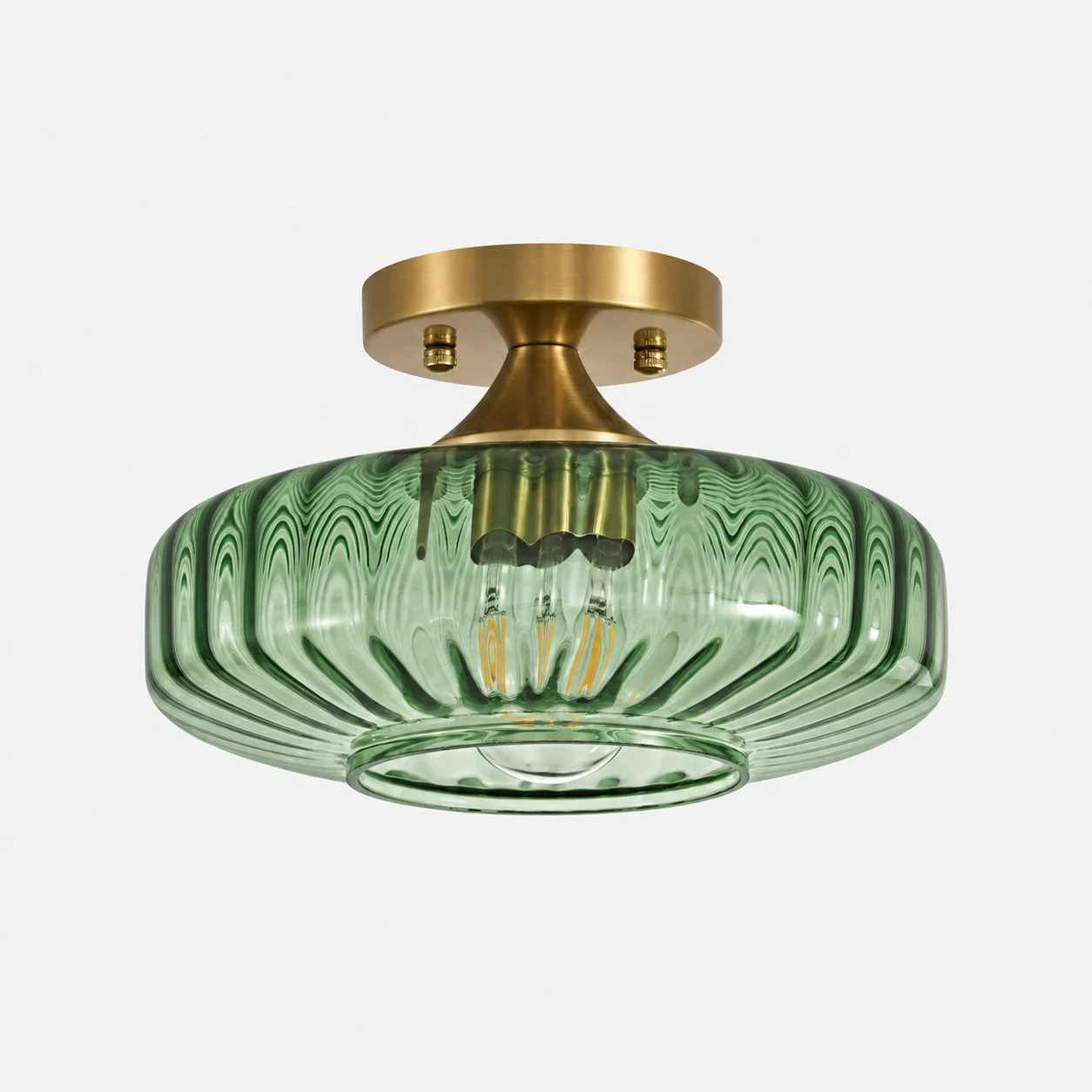 Grön ribbed glass semi-flush ceiling light with brushed brass canopy
