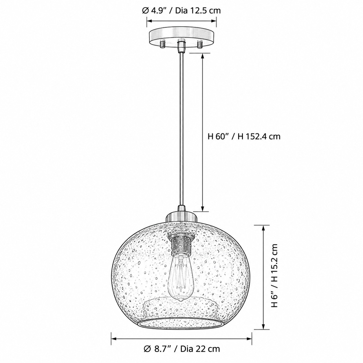 Dimensiones del colgante: diámetro del dosel 12,5 cm, suspensión 152,4 cm, diámetro de la esfera 22 cm y altura 15,2 cm.