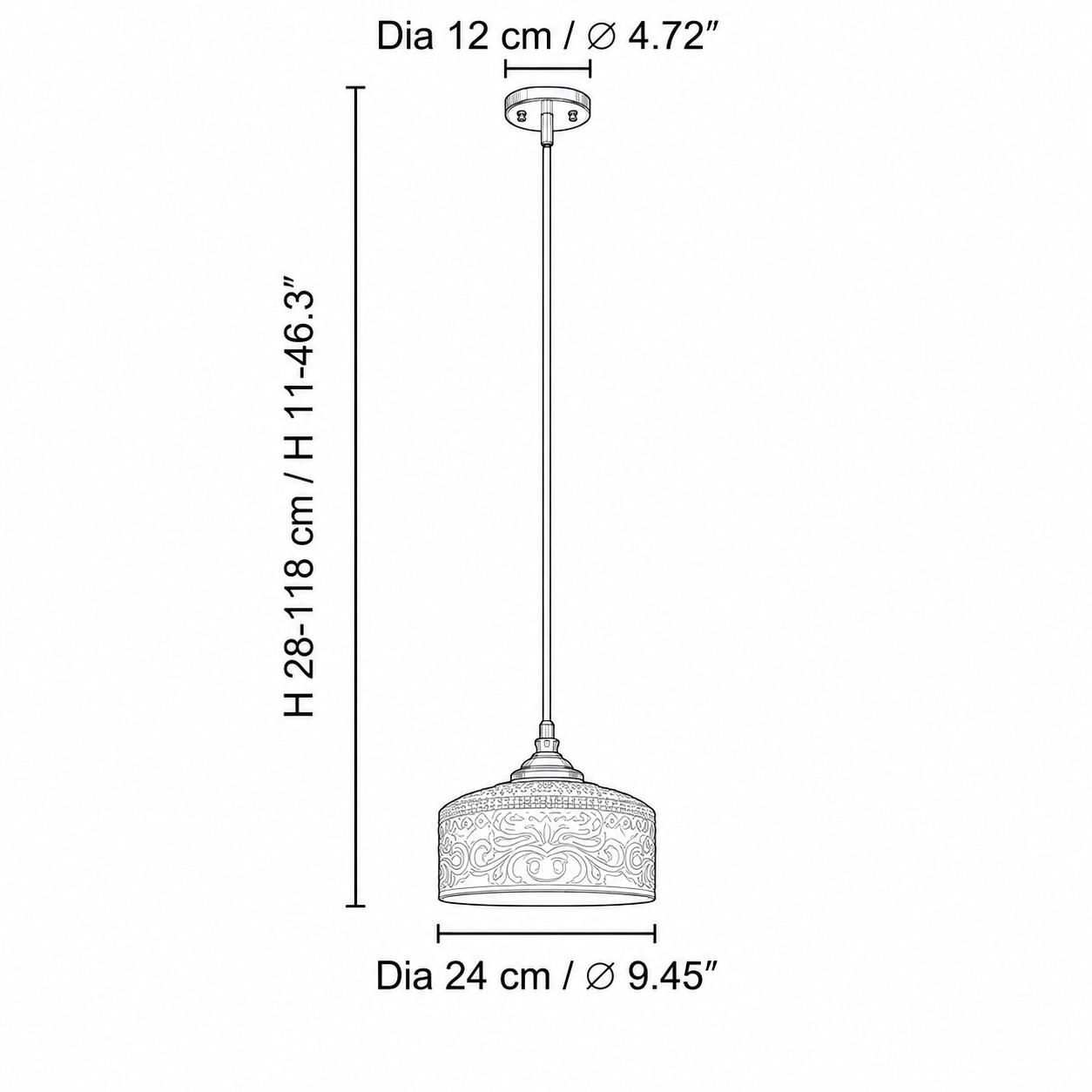 Afmeting B maatdiagram met kap van 24 cm en verstelbare totale hoogte