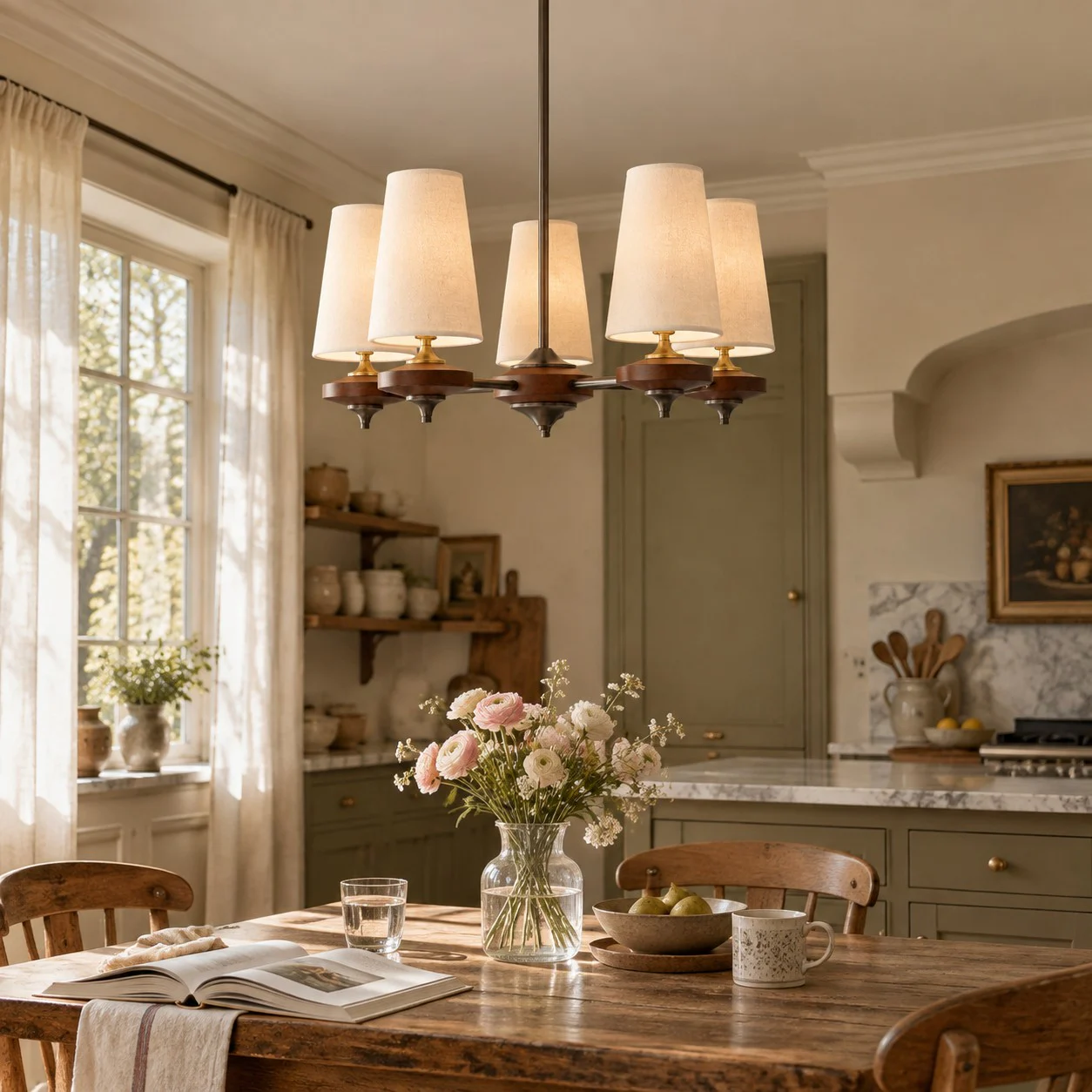 Soft white Hour Rho chandelier in a warm kitchen interior