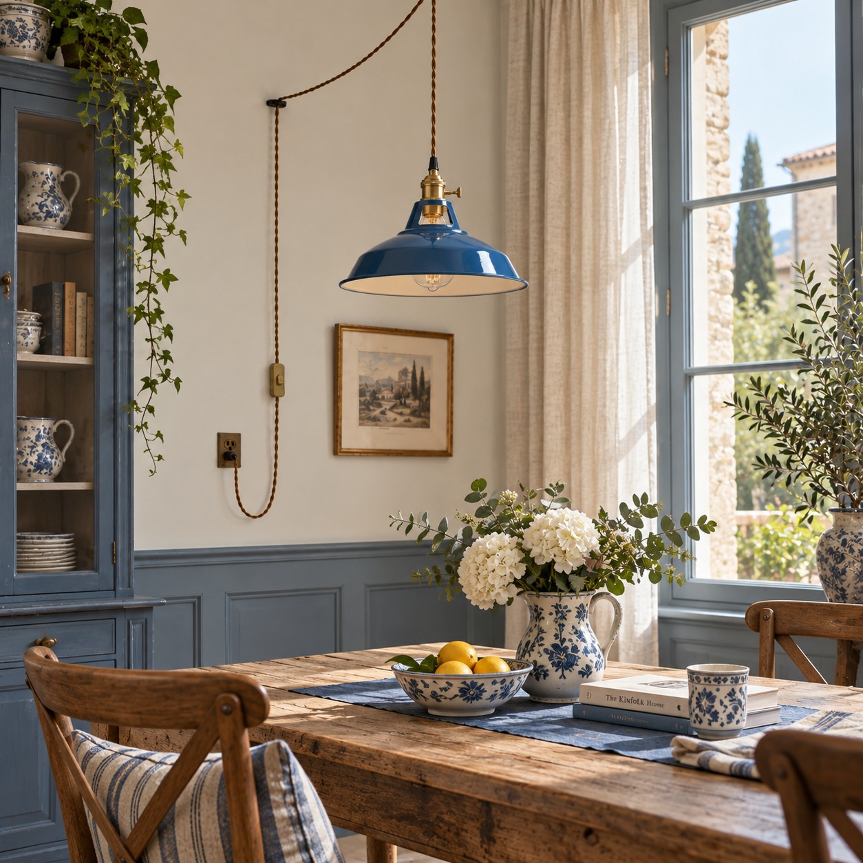 Dark blue metal plug-in pendant in a coastal breakfast room
