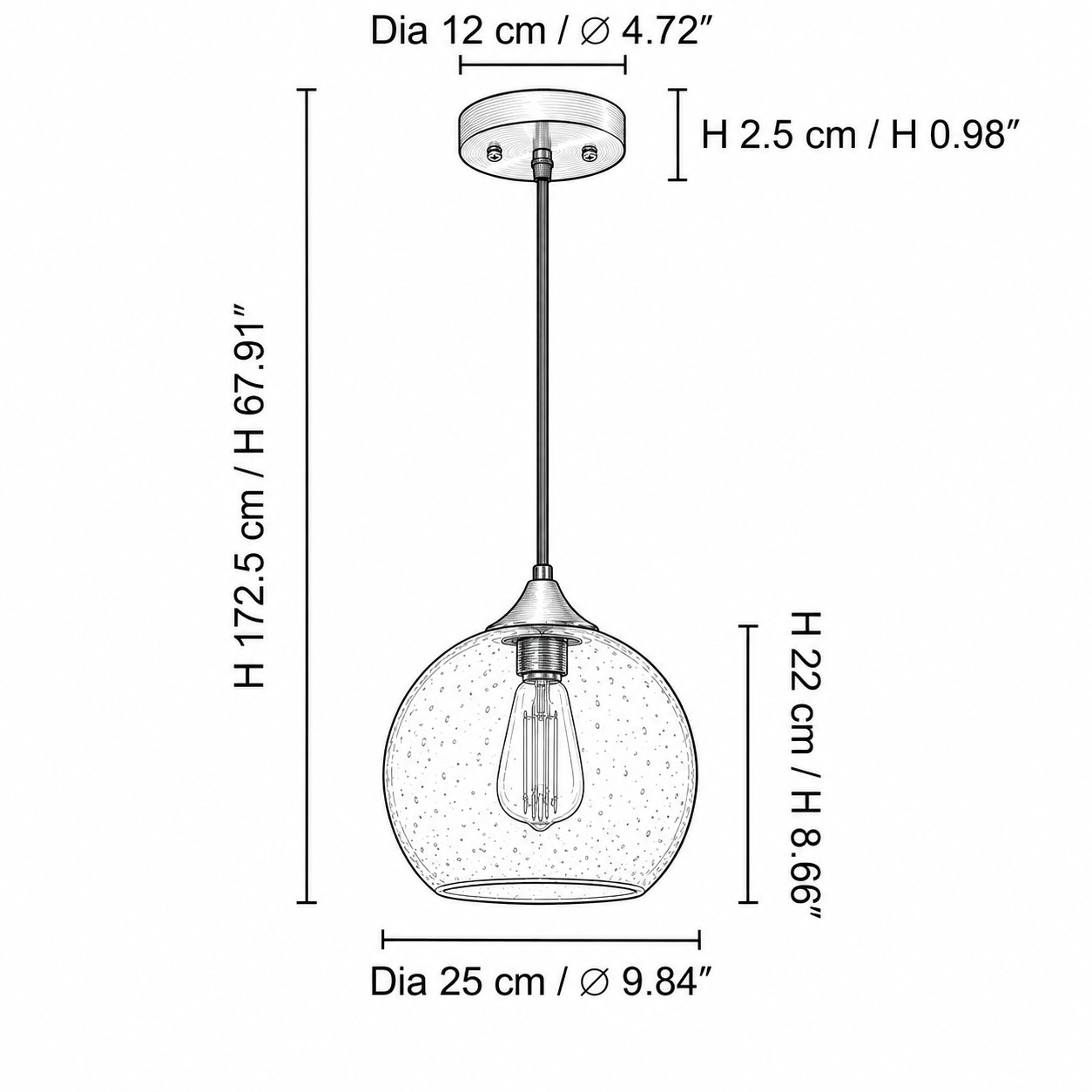 Large globe pendant dimensions: shade diameter 9.84 in and height 8.66 in (25 cm and 22 cm)