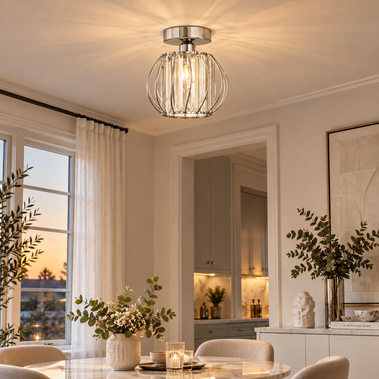 Plafonnier en forme de cage de cristal au-dessus d'une salle à manger