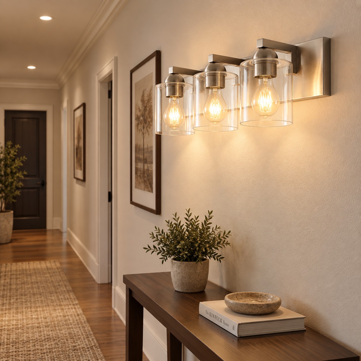 Three-light clear glass wall fixture in a hallway