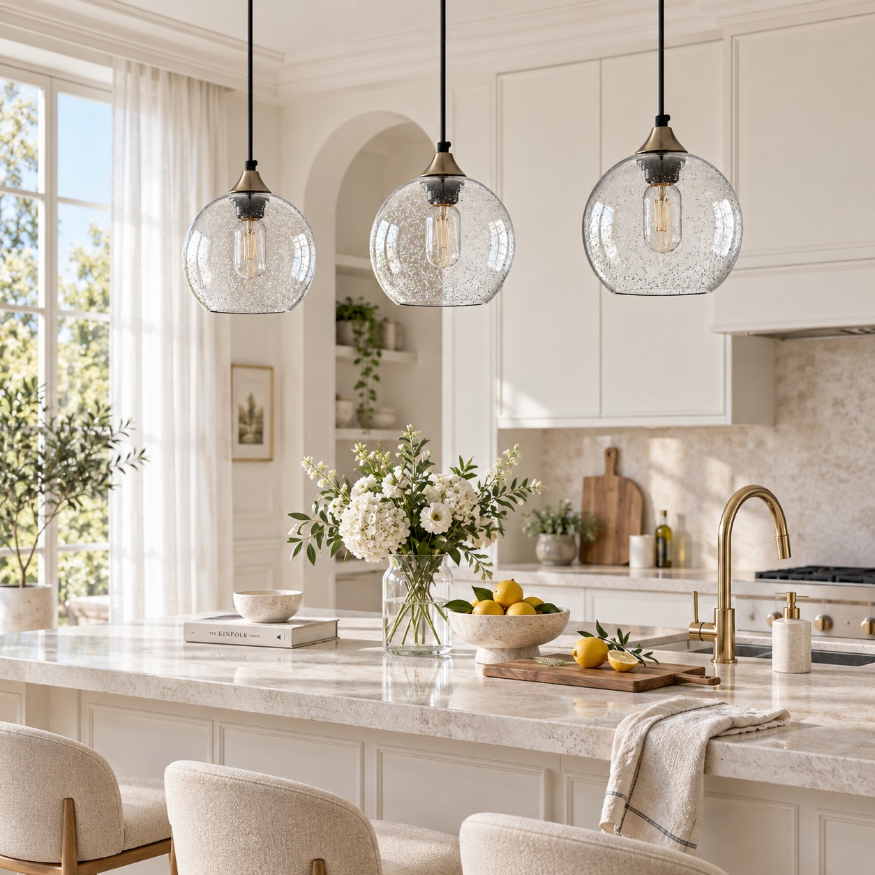 Clear globe pendants unlit in a bright dining room