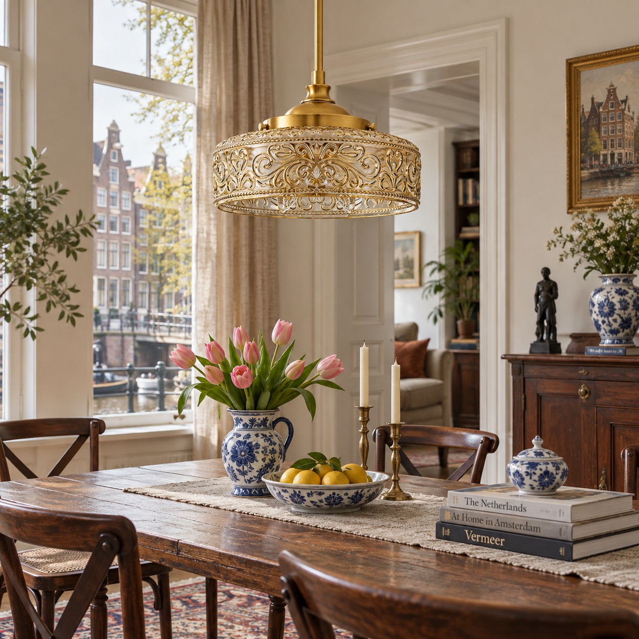 Antieke koperen glazen hanglamp met patroon boven een eettafel aan de gracht