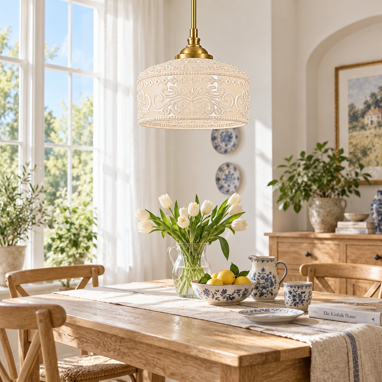 Witte glazen hanglamp met patroon boven een zonovergoten houten eettafel