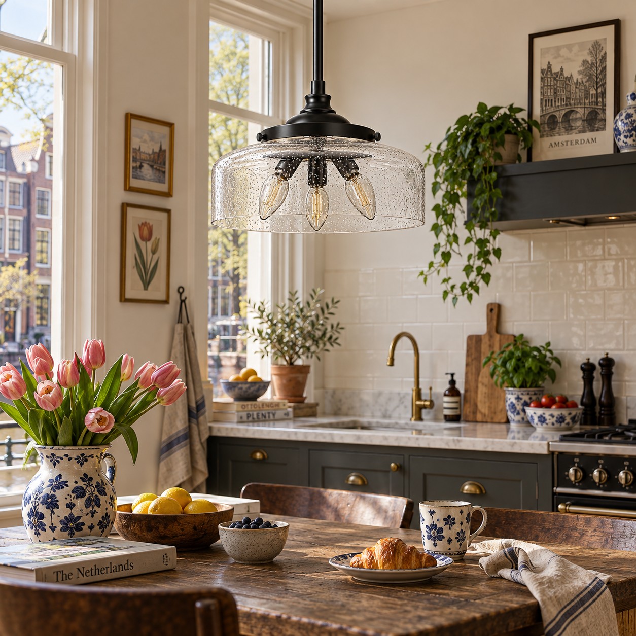 Zwarte multi-light glazen hanglamp in een karaktervolle, Nederlands geïnspireerde keuken