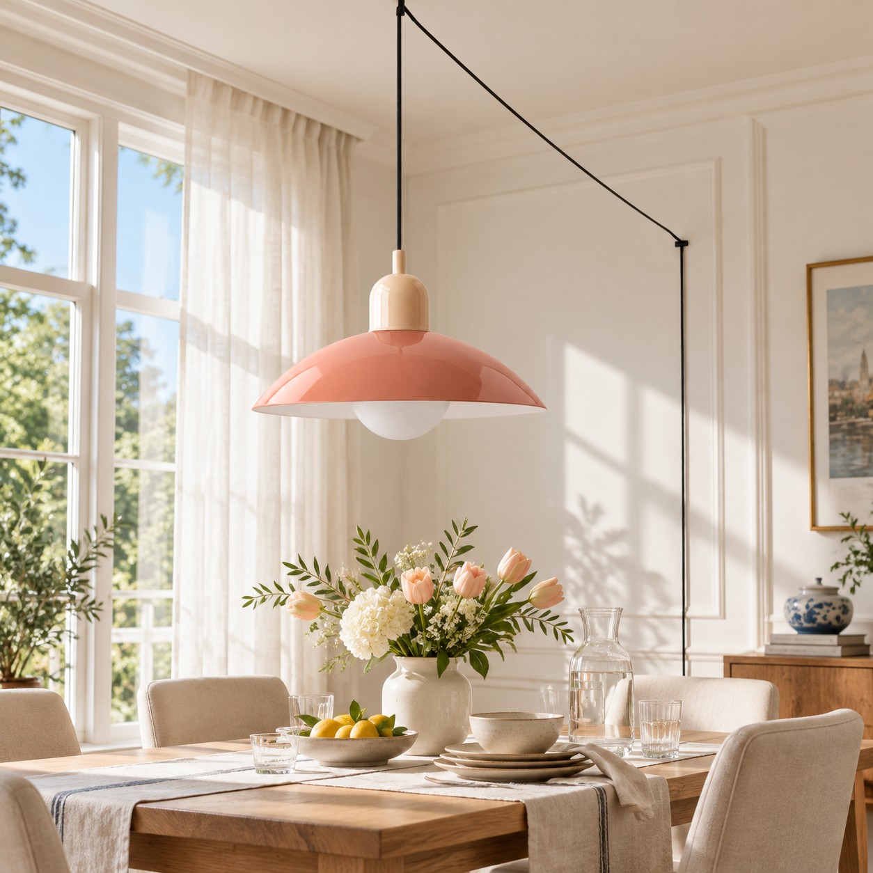 Lámpara colgante enchufable estilo Bauhaus de mediados de siglo en un comedor.