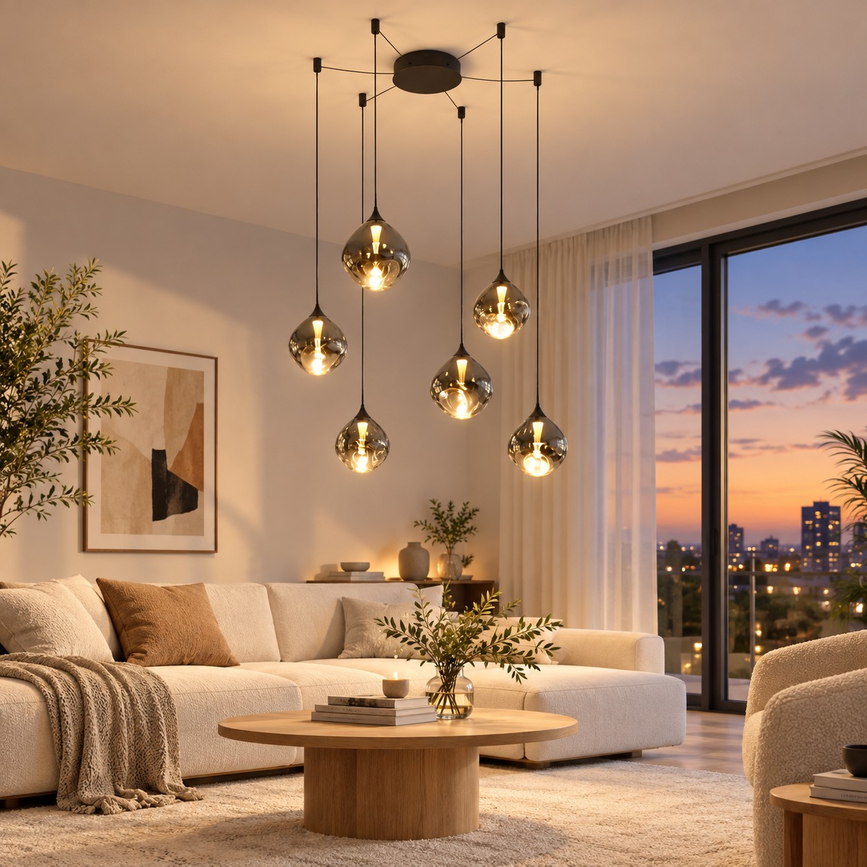 Six smoked-glass shades glowing over a living room, black hardware