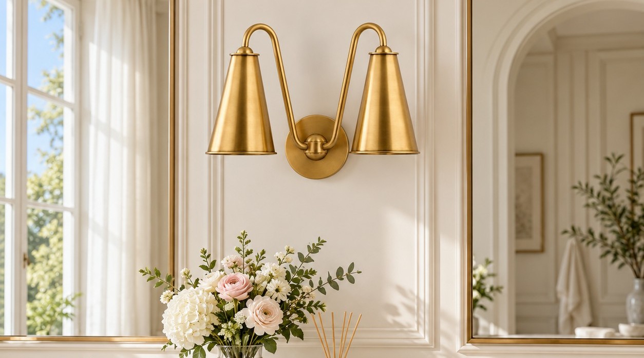 Applique murale double cône en laiton sur une coiffeuse en marbre, lumières éteintes