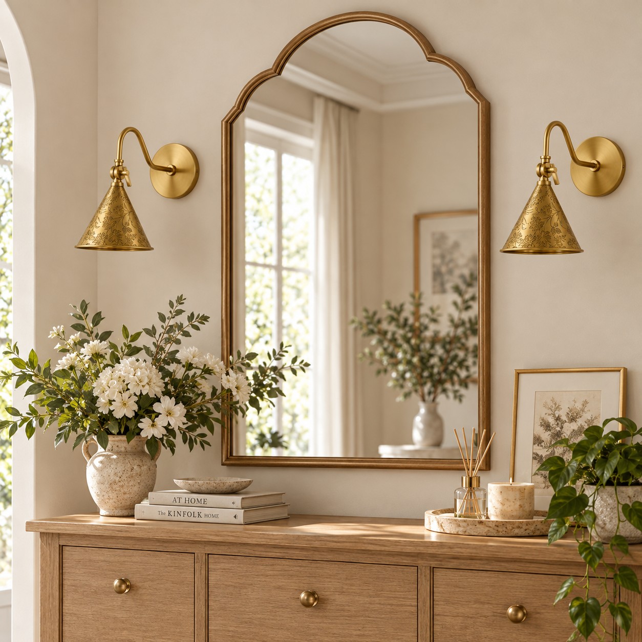 Entry wall with brass-finish sconces in daylight