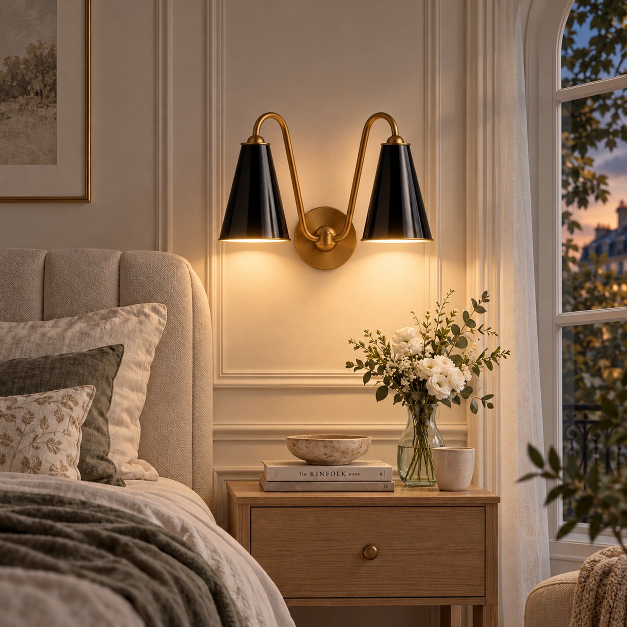 Chambre avec abat-jour en métal noir, lumières allumées