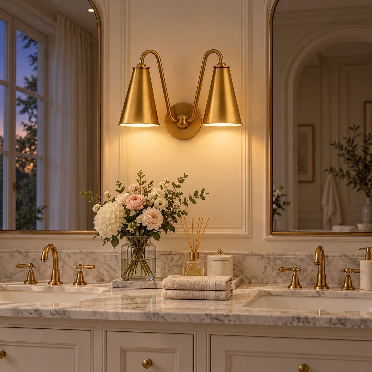 Meuble-lavabo en marbre avec abat-jour en laiton, lumières allumées