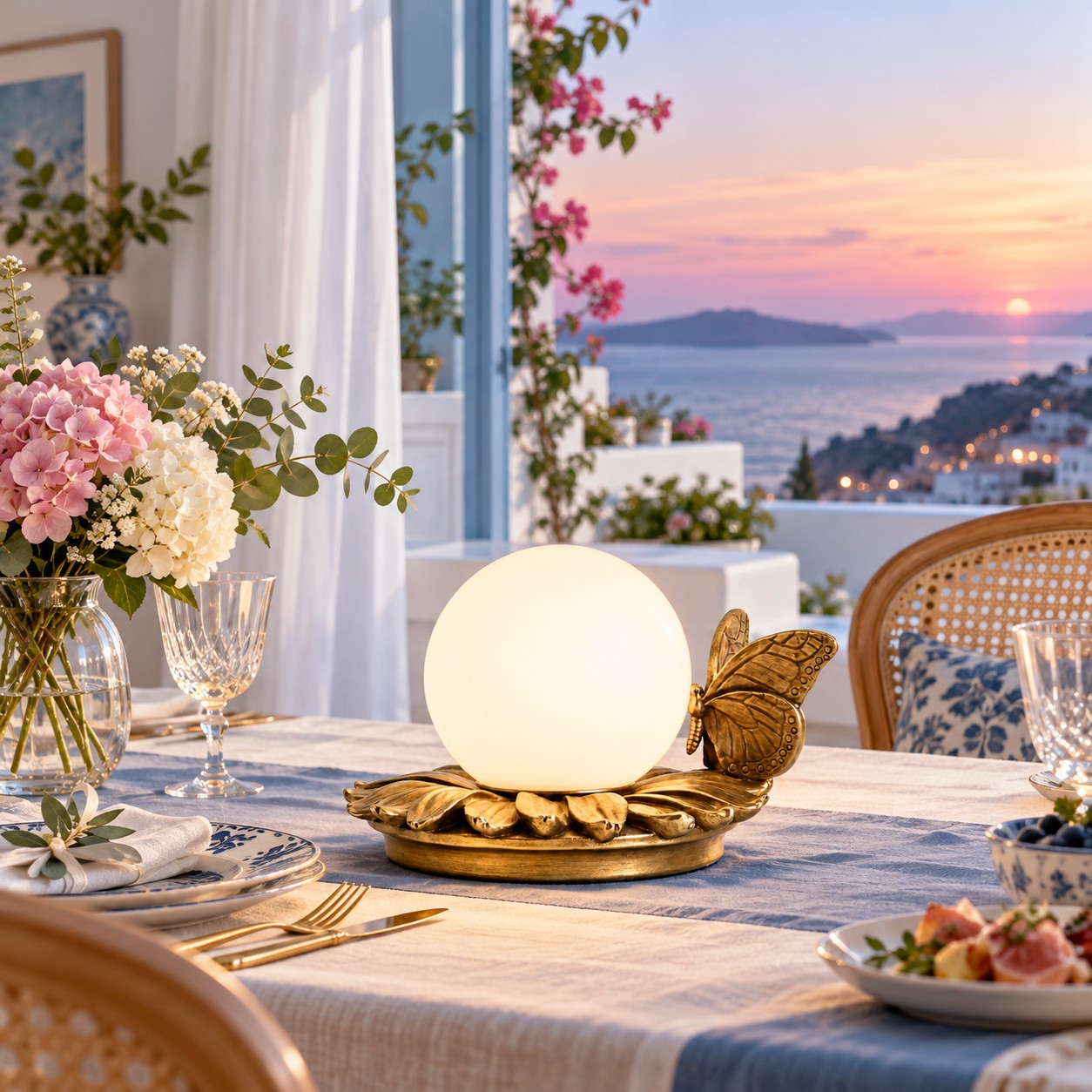 Lámpara de mesa con mariposa encendida como centro de mesa del comedor