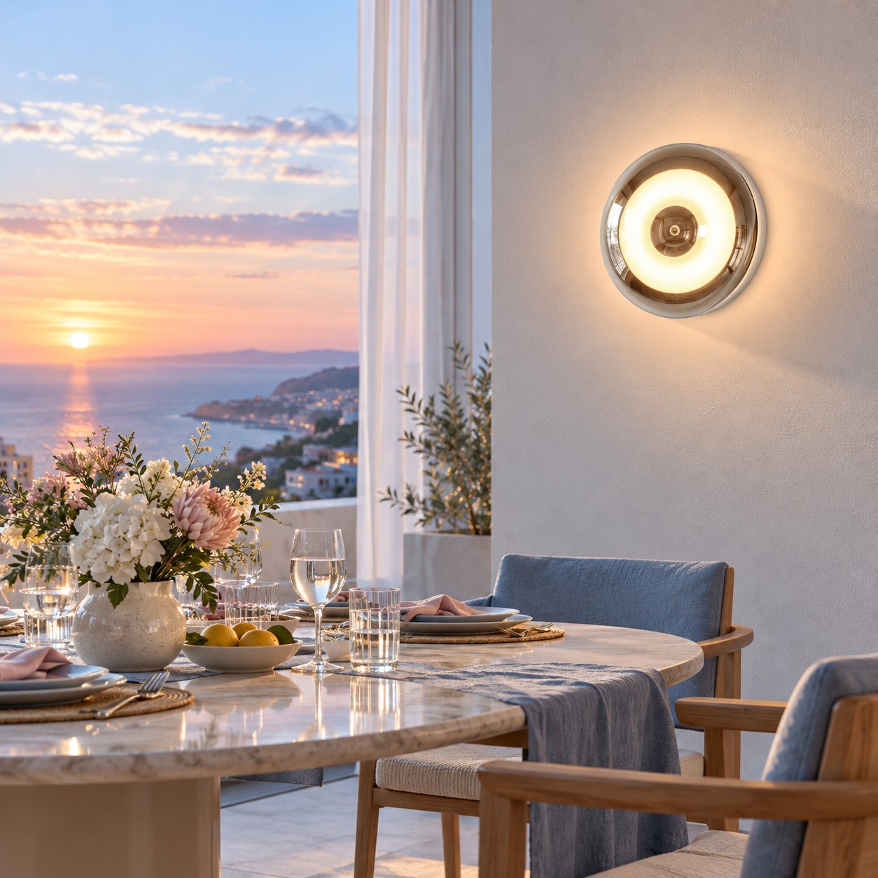 Lámpara de pared cromada iluminada sobre una mesa de comedor al atardecer