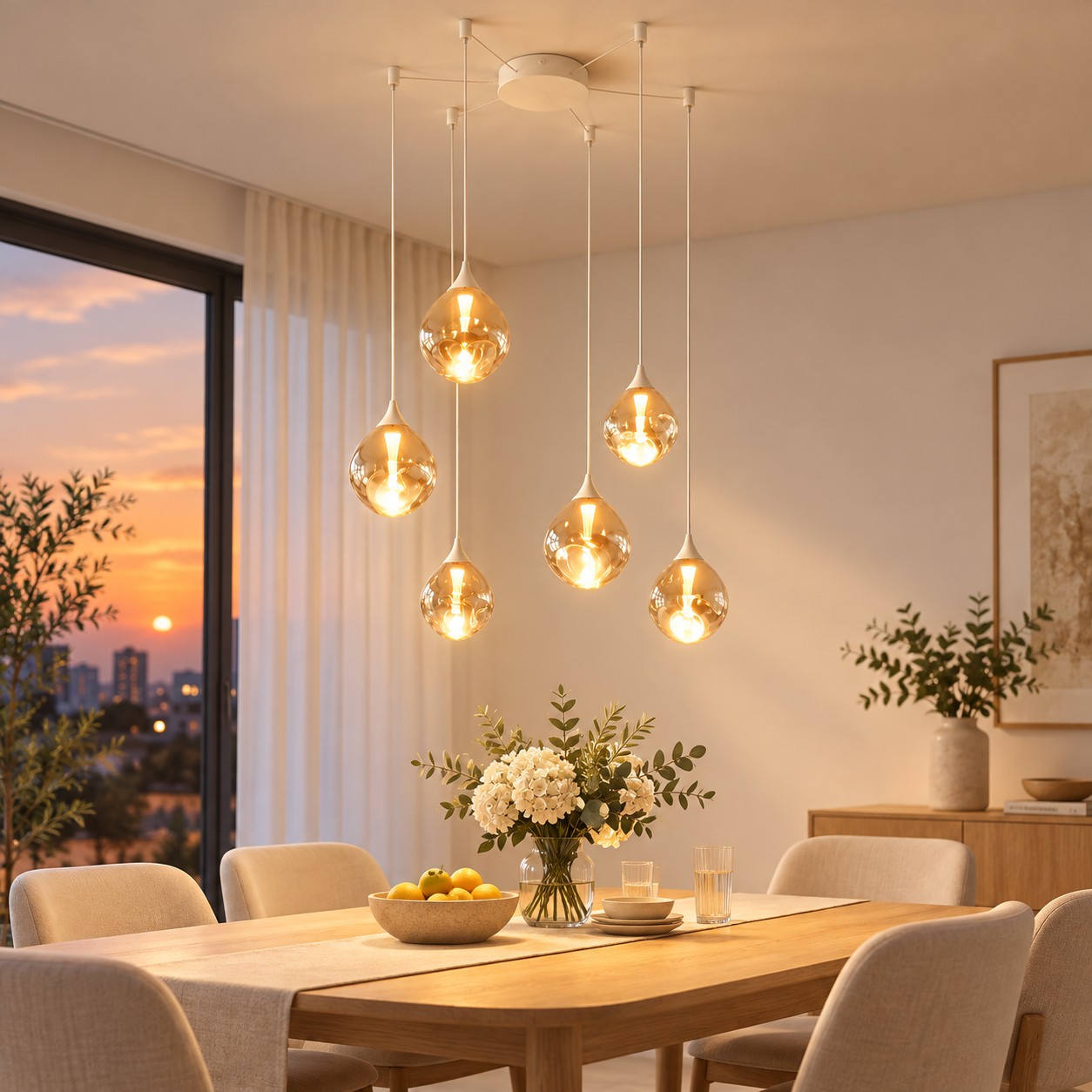 White six-light glass pendant over a dining table at sunset