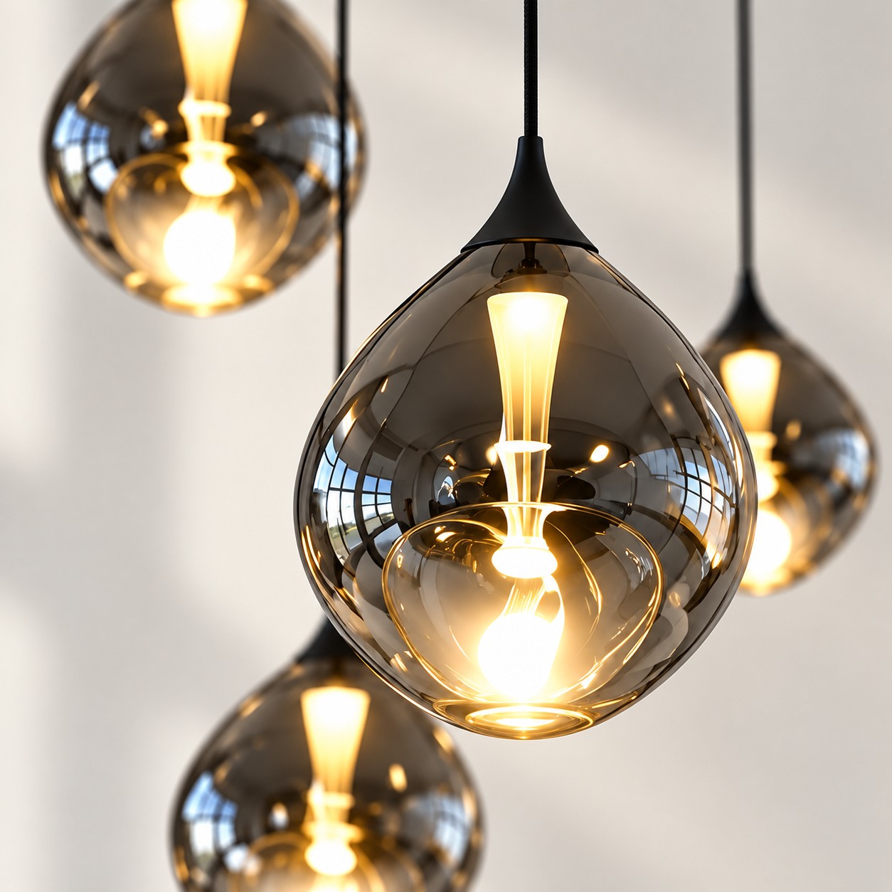 Close-up of smoked mouth-blown glass shades, lit