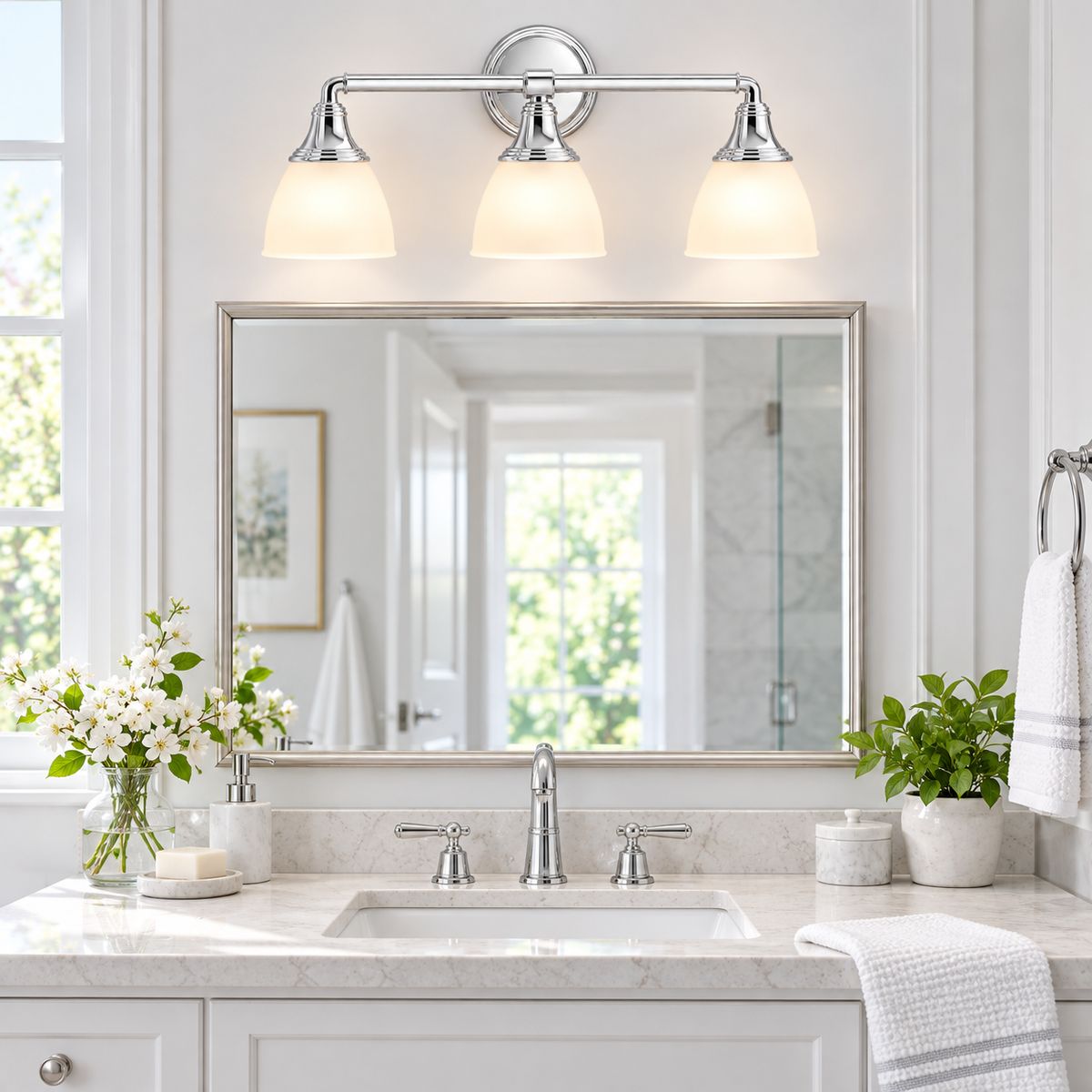Aplique de tocador de tres luces en un baño luminoso de primavera