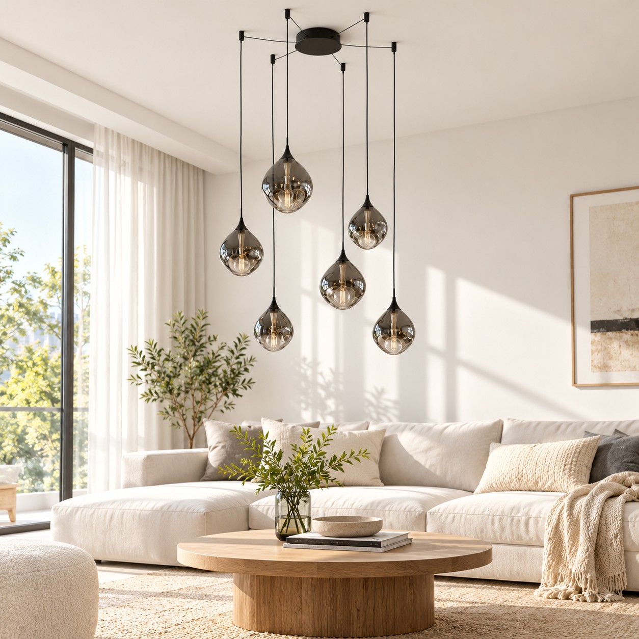 Black six-light glass pendant in a bright living room