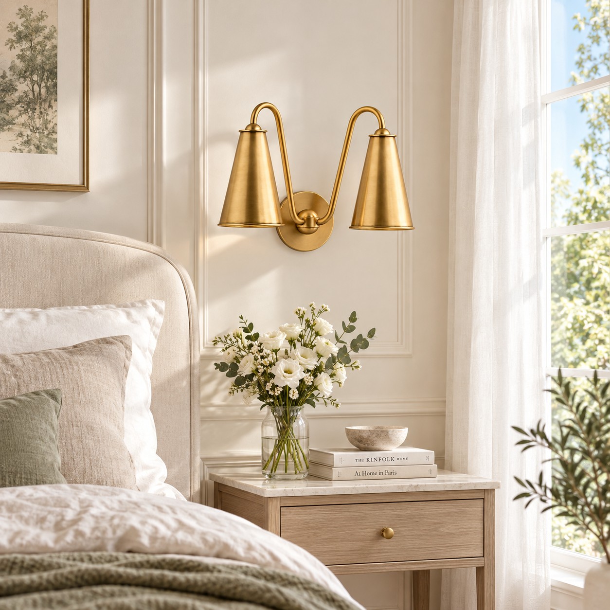 Bedroom with brass metal shades, lights off
