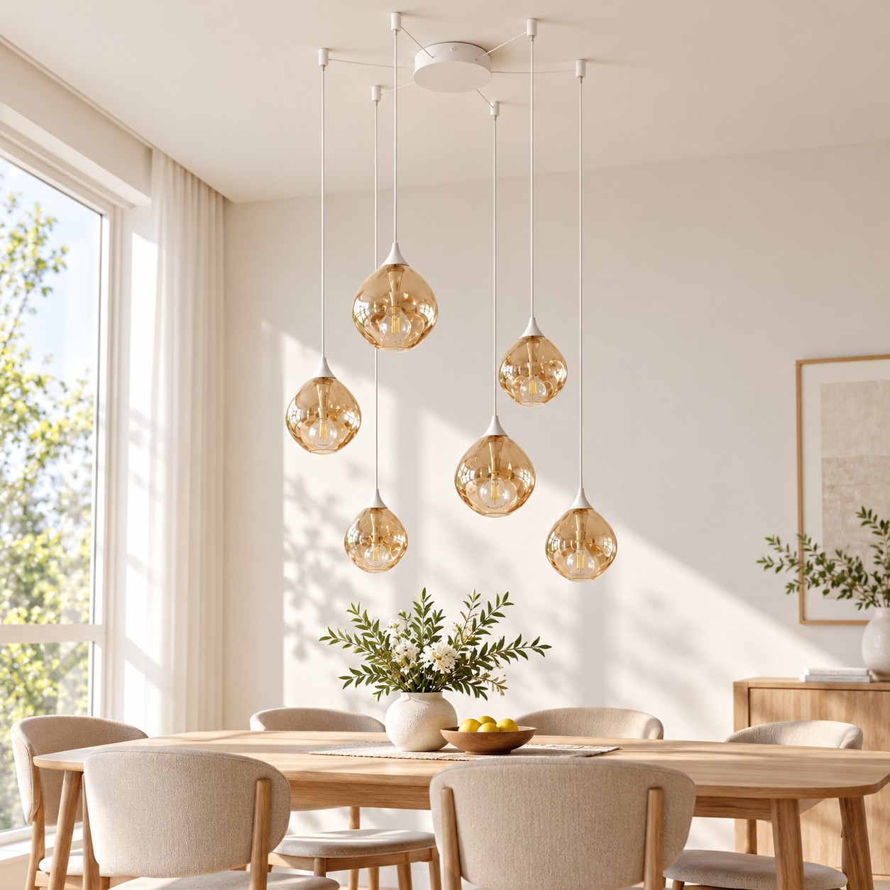 White six-light glass pendant over a dining table in daylight